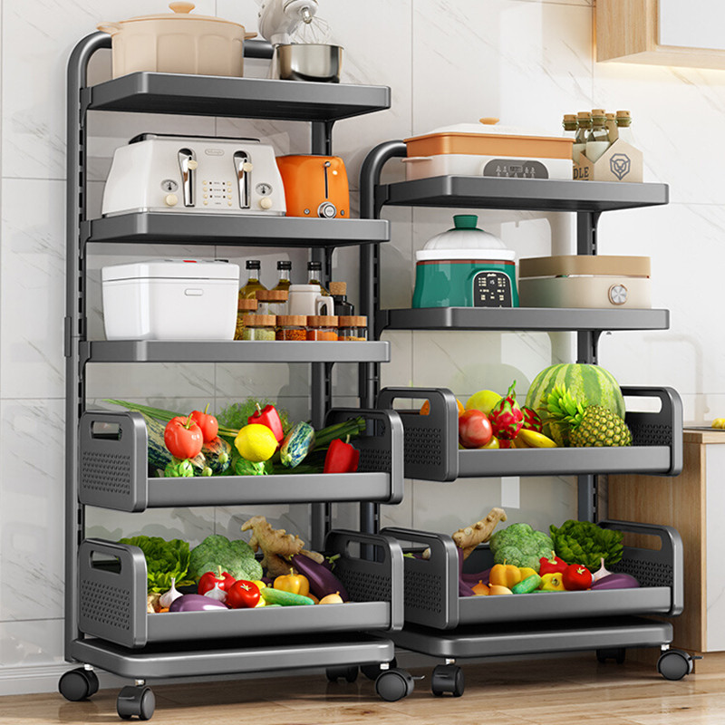 Two-tier modular trolley shelving unit with wheels and baskets in a kitchen